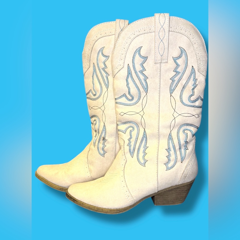 Women's White and Blue Western Boots